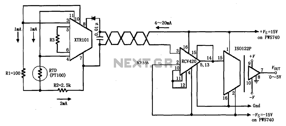 4  20mA loop detection instrumentation amplifier circuit diagram ISO122P 124 XTR101 RCV420 circuit