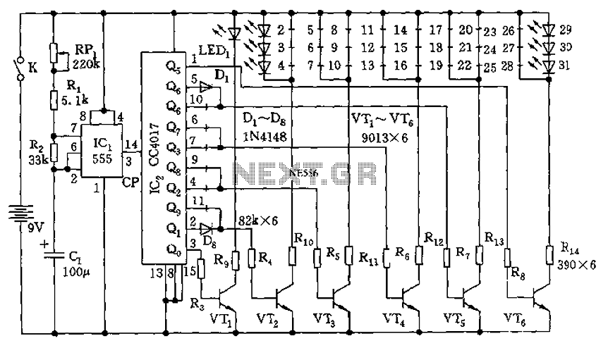 555 electronic circuit diagram of a Christmas tree