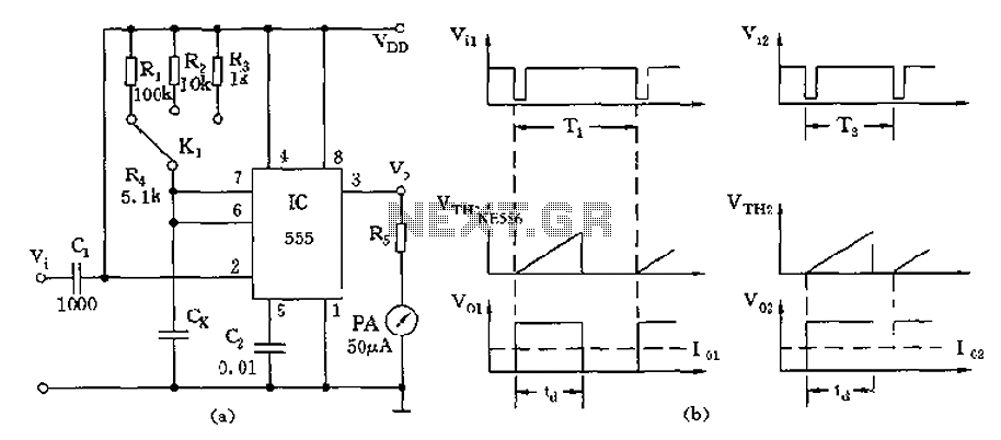 555 monostable circuit is used as a table or capacitance resistance meter schematic circuit