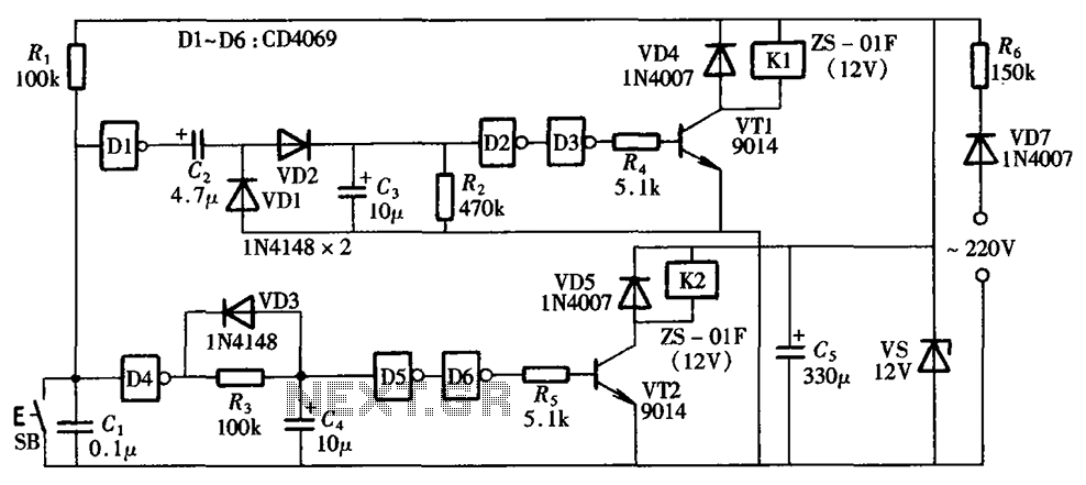 Dual power switch circuit diagram consisting of a single control button CD4069 circuit