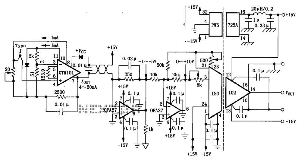 Having a cold junction compensation Remote Isolated Thermocouple transmitter circuit diagram ISO102 XTR101