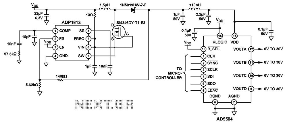 High voltage power supply and boost for the BST capacitor DAC provides a tuning signal circuit diagram