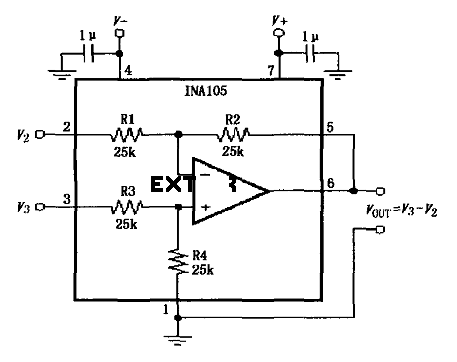 INA105 circuit diagram of the basic power and signal connections