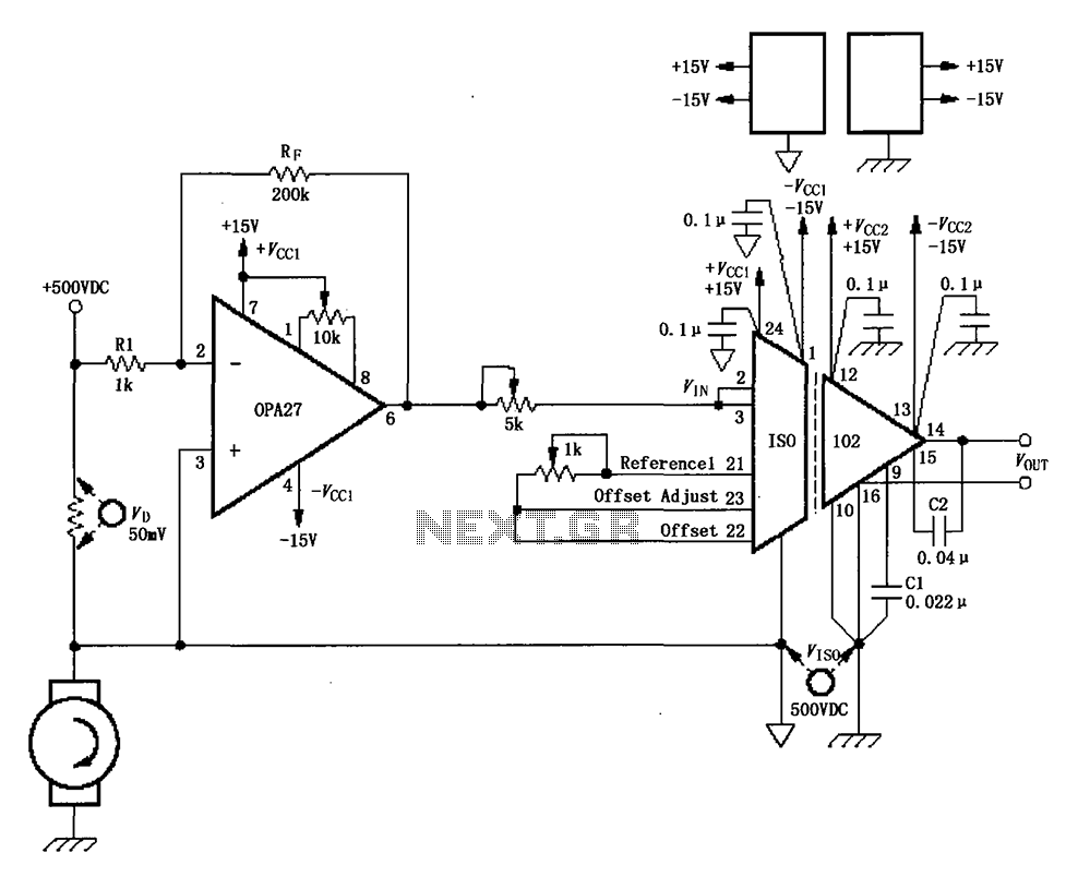 ISO102 and OPA27 schematic configuration measuring DC current 500VDV circuit