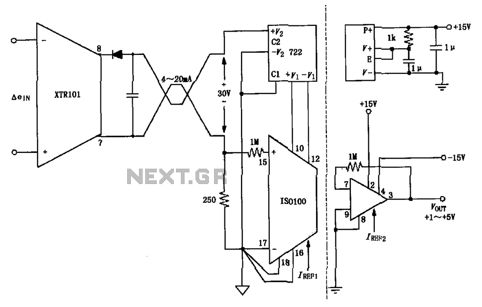 Isolated two-wire current loop circuit diagram XTR101 ISO100