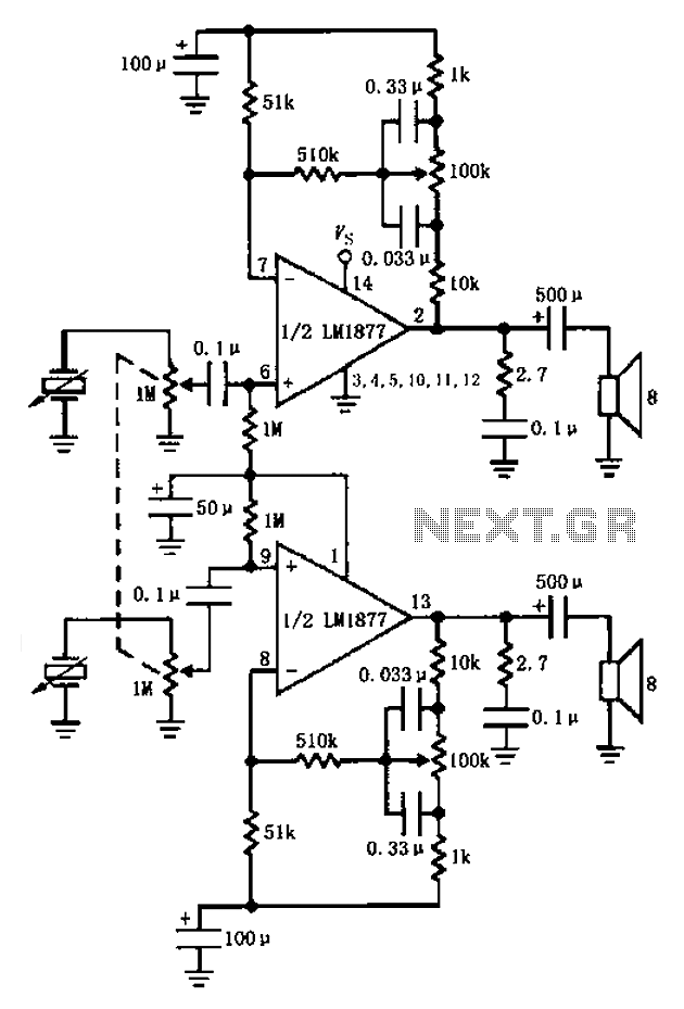 LM1877 amplifier having a control circuit diagram of the bass