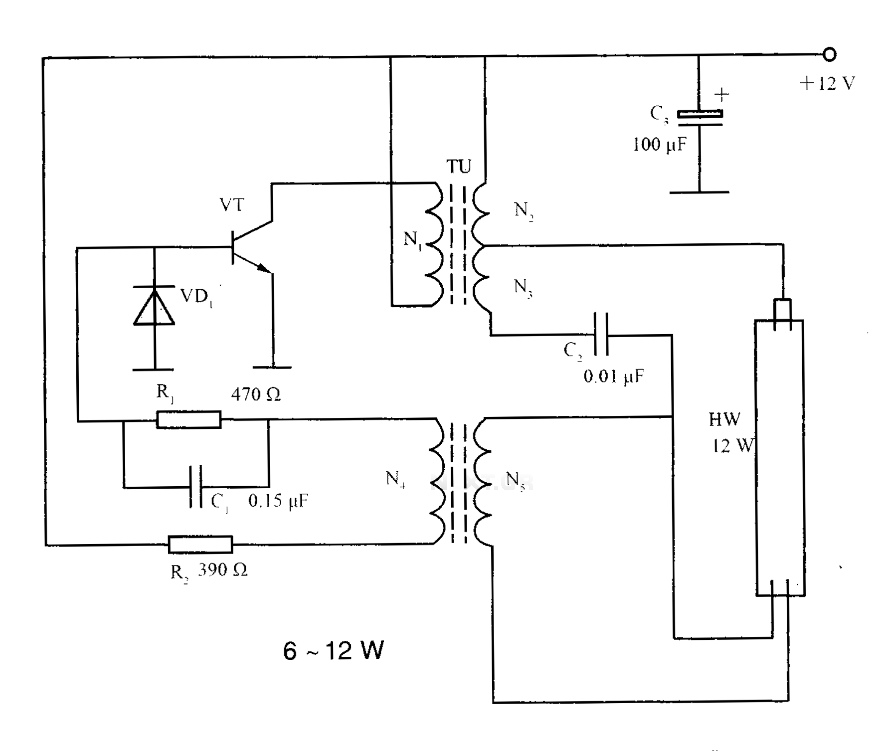 Lighting inverter circuit principle 6 ~ 12W fluorescent lamps