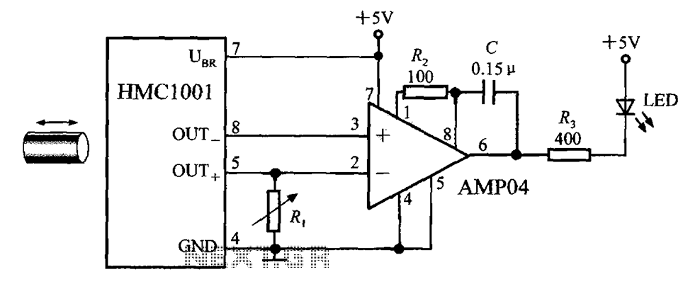 Proximity switch integrated circuit composed of the magnetic field sensor HMC1001 – Circuit Schematic