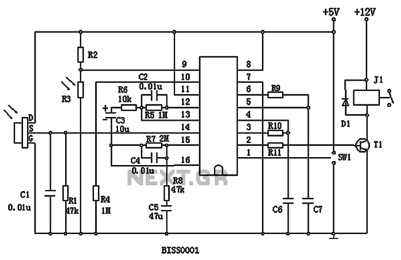 Pyroelectric infrared processing chip BISS0001 and pyroelectric elements D204B – Circuit Schematic