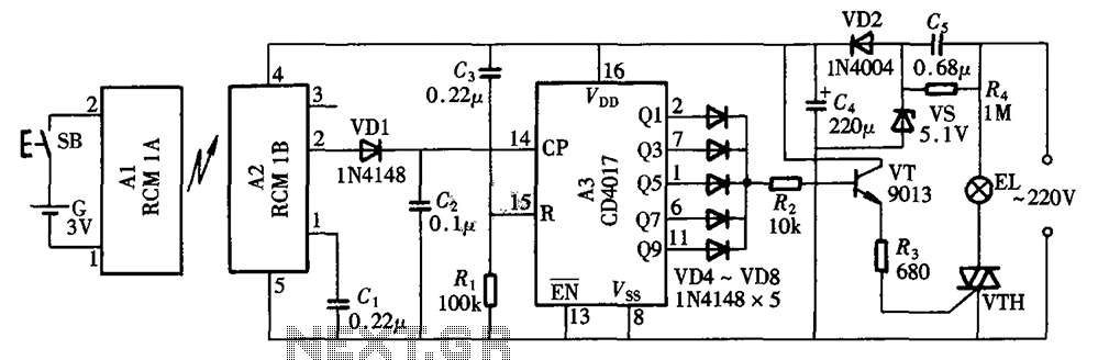 Radio remote control lighting switch CD4017 RCM1 schematic
