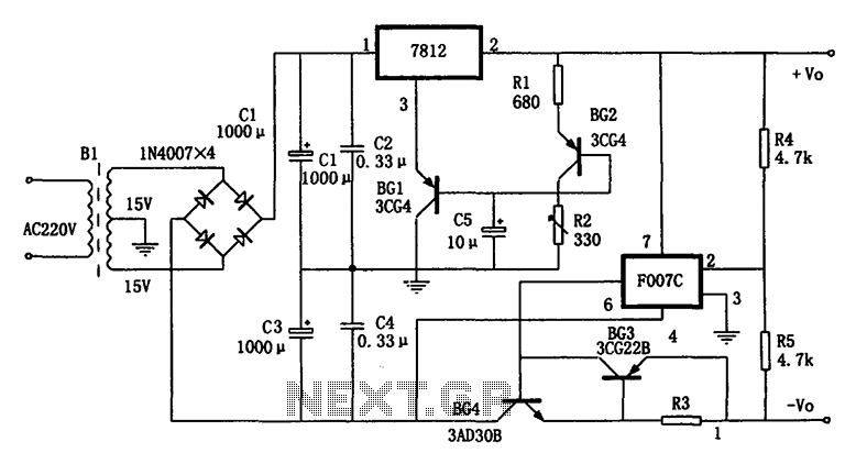 Temperature compensation of the symmetrical power supply 7812 F007C circuit