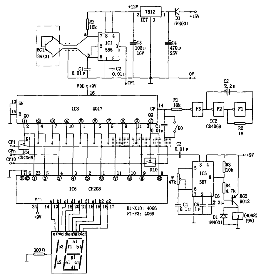 Ten Road temperature itinerant detecting circuit 555 CD4069 CH208
