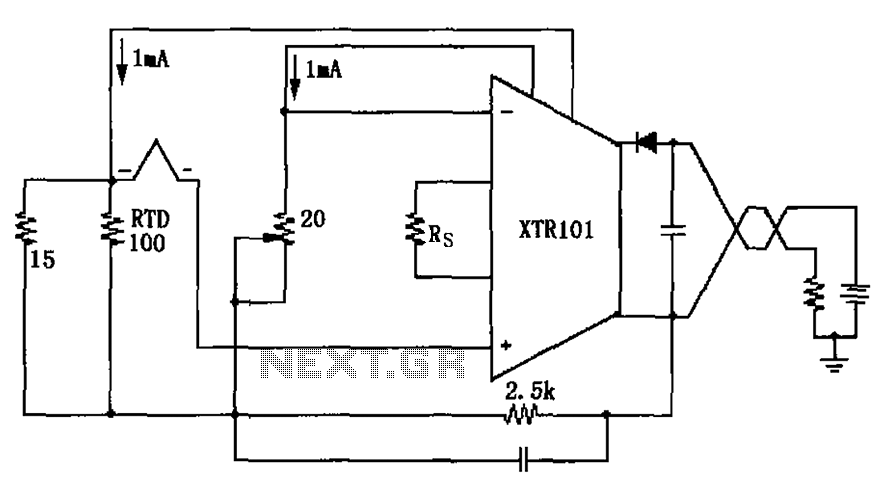 Thermocouple cold junction compensation RTD has XTR101 Input Circuit