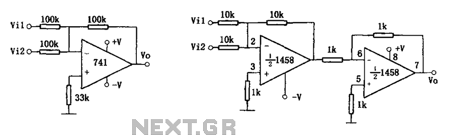 Universal adder 741 1458 schematic circuit