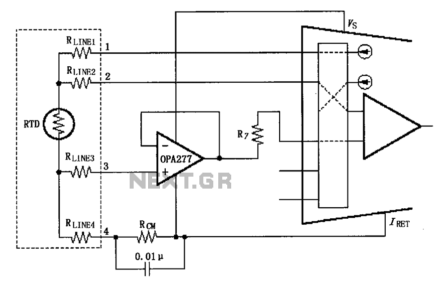 XTR108 circuit diagram of a four-wire RTD connection