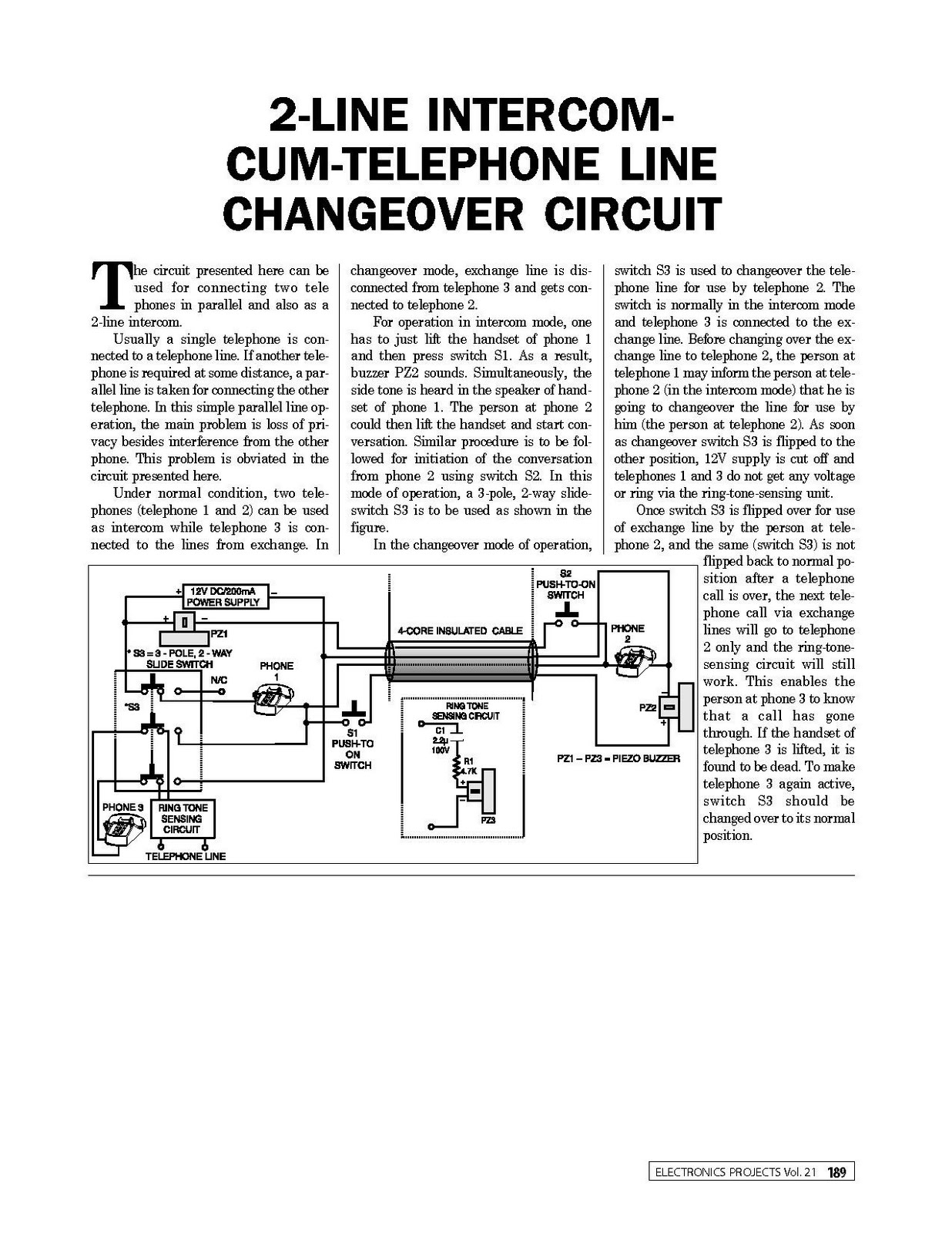2-Line Intercom-Cum-Telephone Line Changeover Circuit