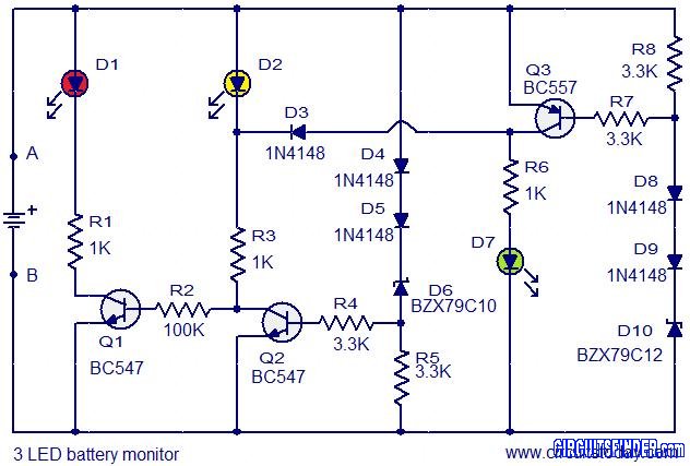Circuit 3 LED battery monitor Schematic Diagram