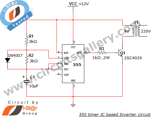 555 timer IC Inverter circuit schematic 12V to 220V circuit
