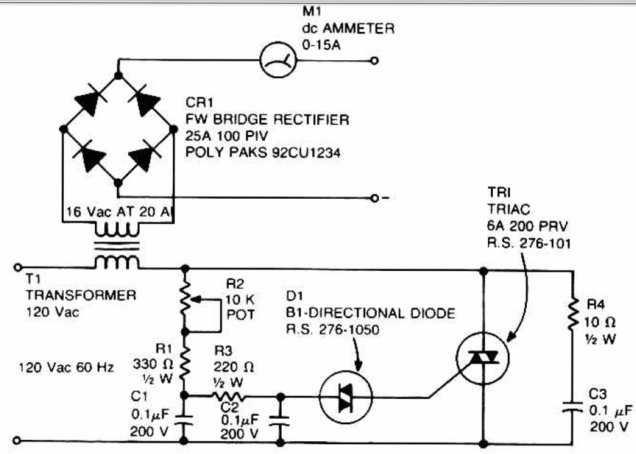 Accu charger use a diac and triac Schematic Diagram