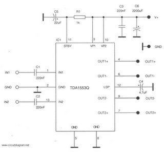 2 x 22W-BTL Car Audio Amplifier DA1553CQ Schematic Diagram