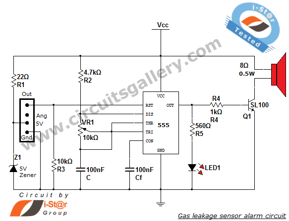 Gas Leakage Sensor Alarm Circuit Engineering Project using 555 Timer and MQ6 SEN 1327 Gas Sensor Module circuit