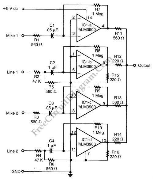 LM3900 Audio Mixer Schematic Diagram circuit