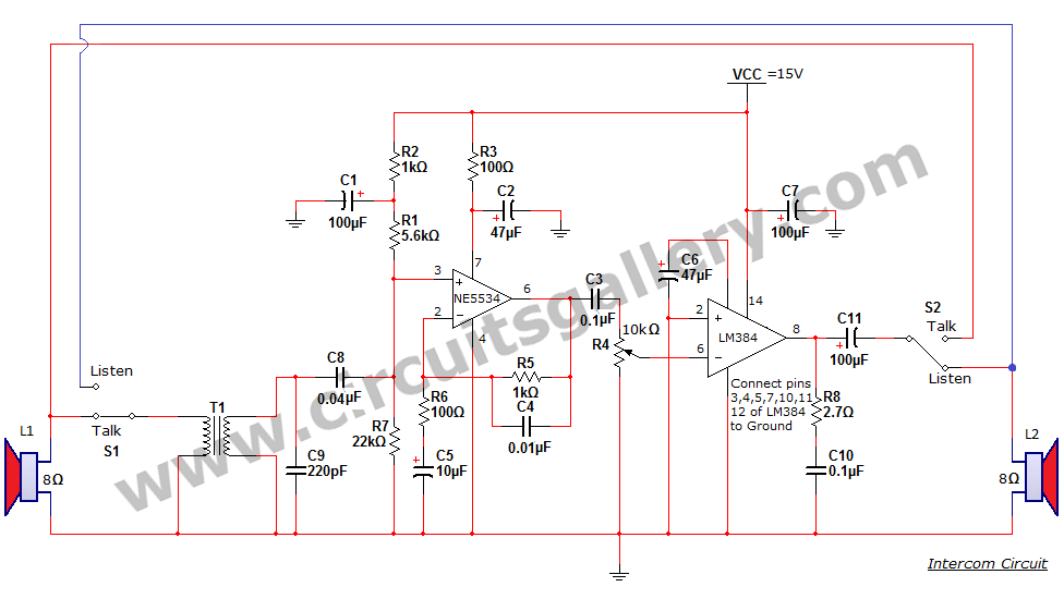 Simple Two Way Communication Intercom Circuit Schematic diagram