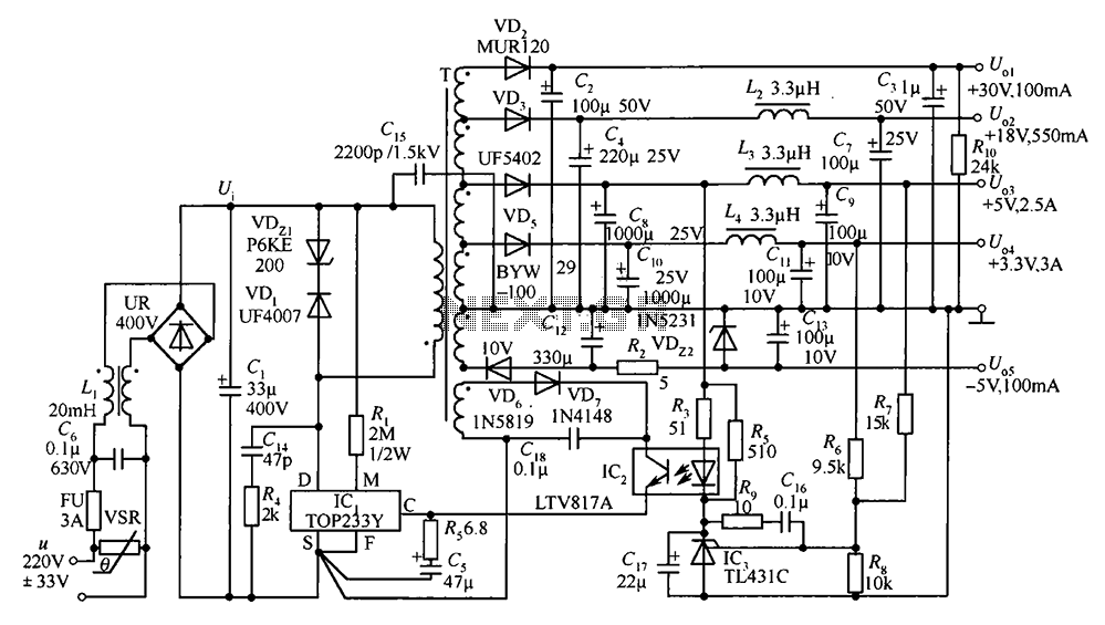 35W switching power supply circuit having a set-top box output of 5