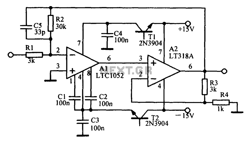 A circuit diagram of an amplifier circuit to enhance the output current and voltage