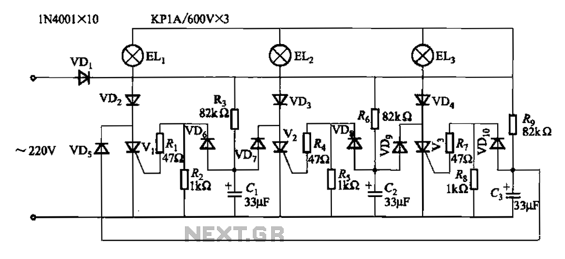 A plurality of sets of three loop flashing lights chain circuits circuit