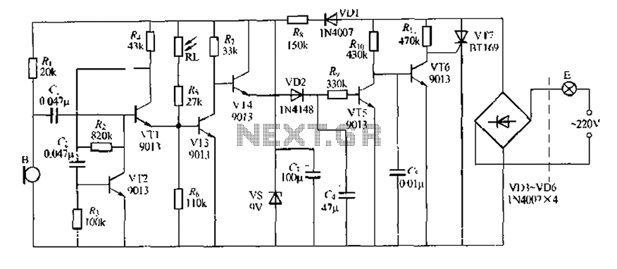 Discrete components sound and light control stairs delay switch circuit 9 circuit