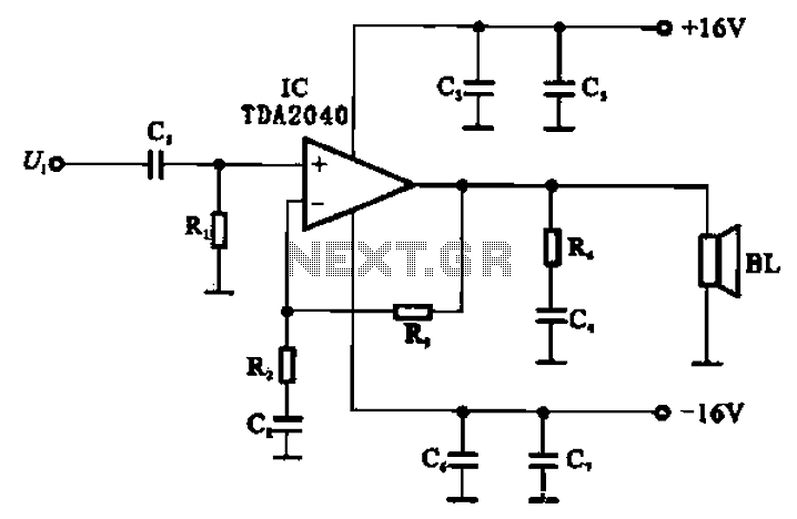 Integrated OCL power amplifier circuit composed by the TDA2040