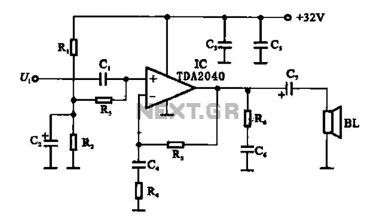 Integrated OTL power amplifier circuit composed by the TDA2040