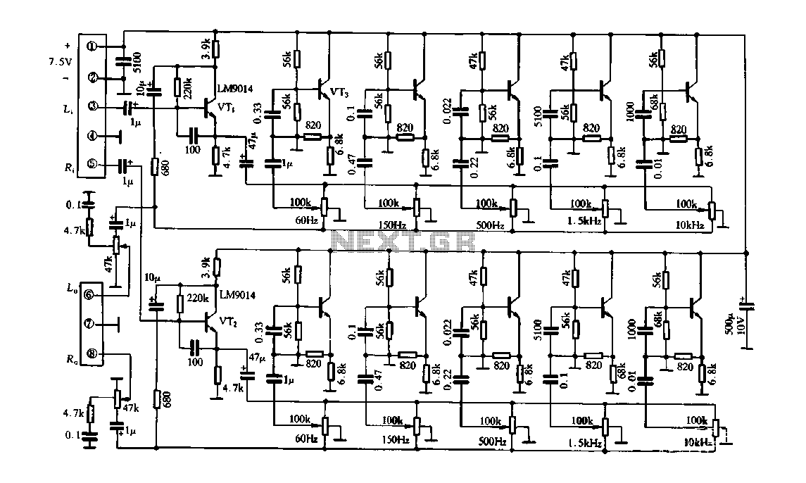 Three of the five band equalizer circuit transistor