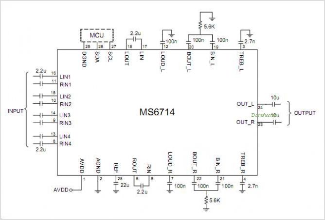MS6714 4 Stereo Inputs And 1 Stereo Output Volume Tone Balance Loudness And Selectable Input Gain