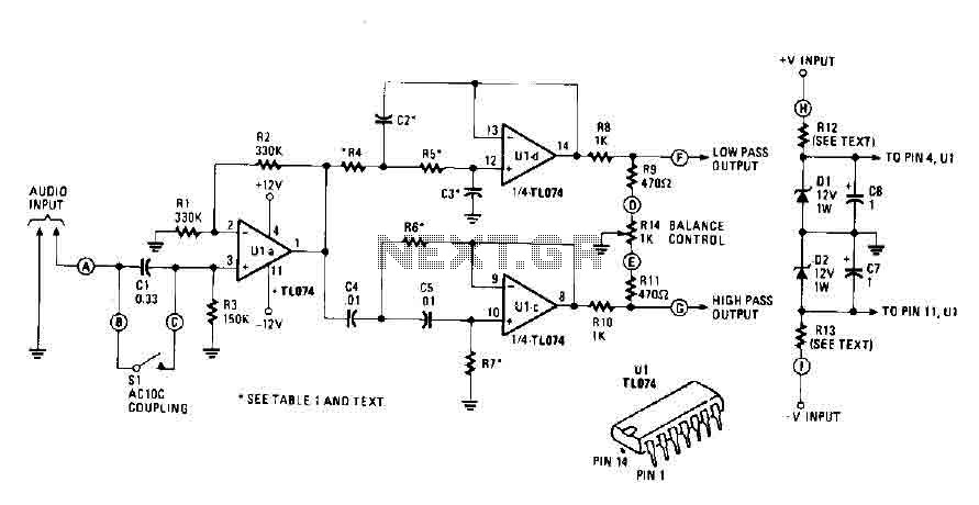 Active crossover circuit with TL074 circuit