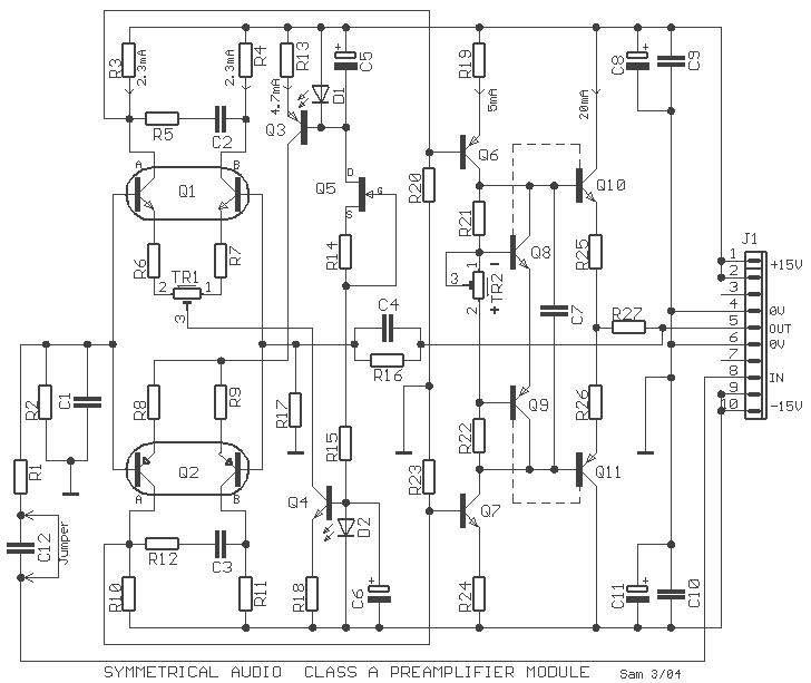 Symmetrical Audio Class A preamplifier circuit