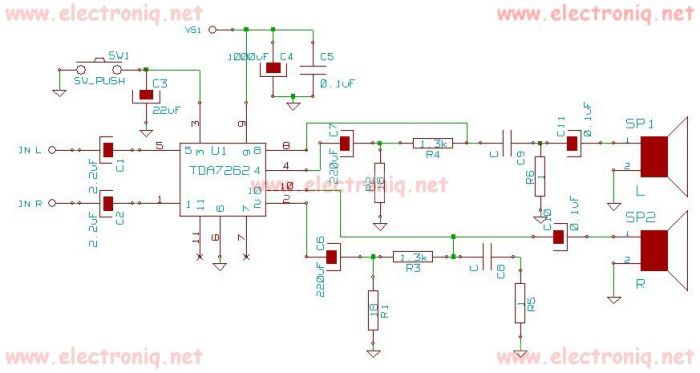 tda7262 stereo 20 watts audio amplifier circuit design circuit