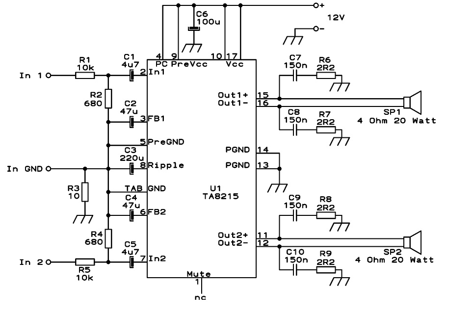 Audio IC TA8215 based on 15W Car Audio Amplifier circuit