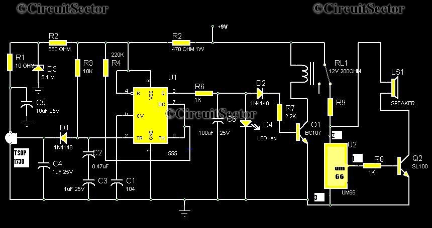 Infrared Burglar Alarm Using Remote control PCB circuit