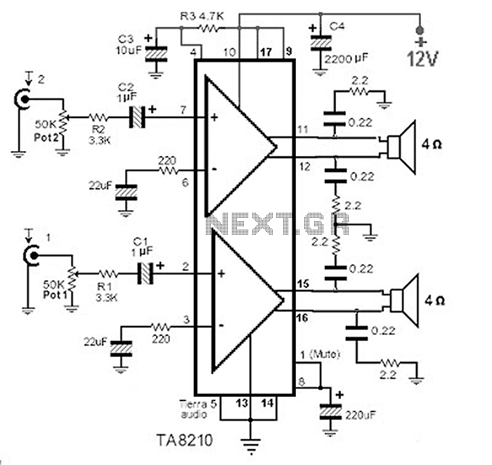 TA8210AH - 2 x 22W BTL Car Amplifier Circuit