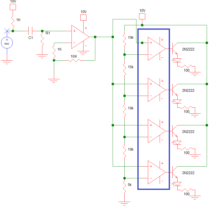 led Problem with microphone powering up a comparator circuit