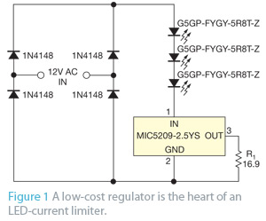 LED current limiter accepts ac or dc circuit