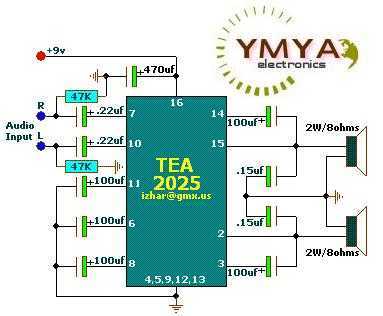 Stereo Audio Amplifier 2x2W or mono 5W  TEA2025 circuit