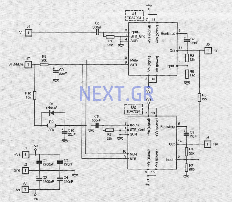 Power Audio Amplifier DMOS 2x100W using two TDA2794