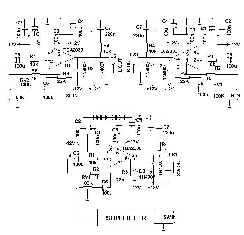 Home theater surround speaker system circuit