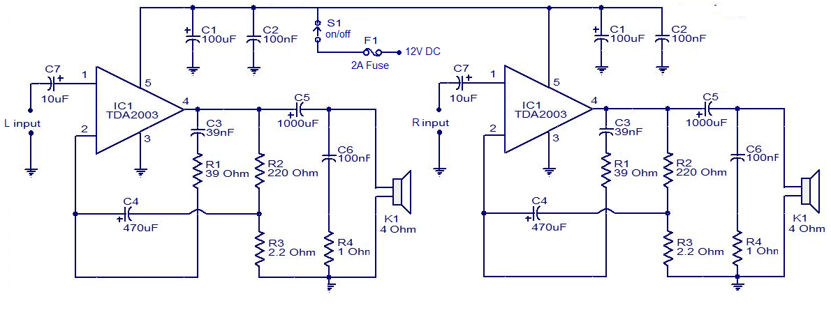 car audio amplifier using tda2003 ic