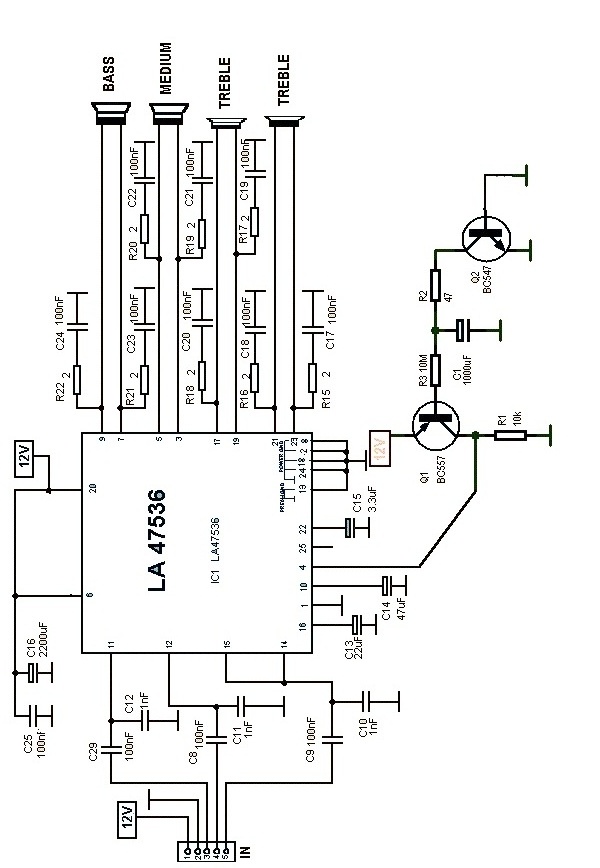 Schematic Diagram LA47536 High power car audio amplifier circuit