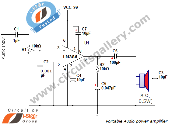 Simple portable Audio power amplifier circuit using LM386 IC