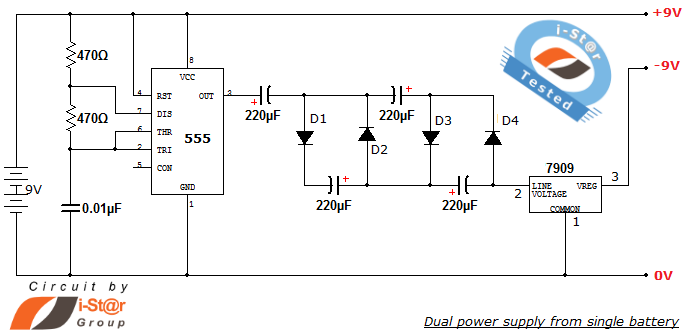 Regulated dual power supply circuit from single battery source